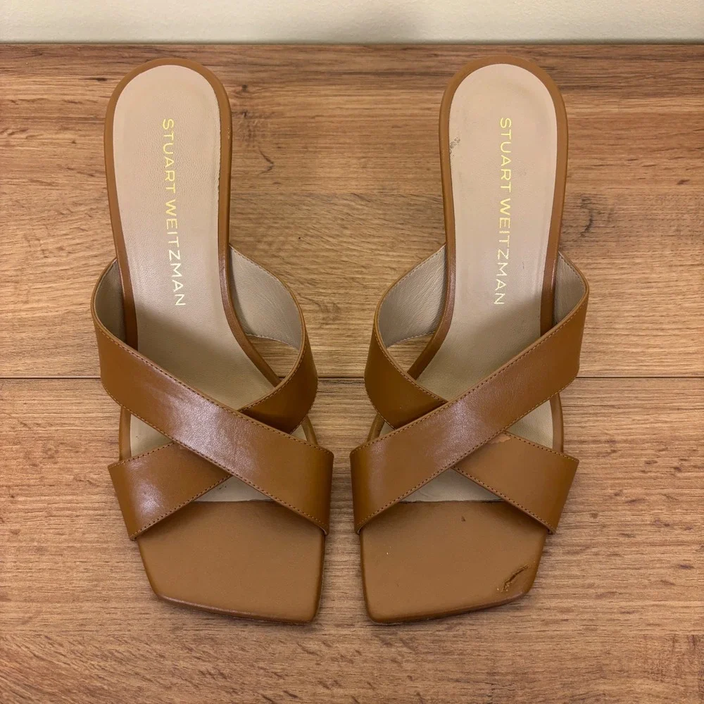 STUART WEITZMAN Dayna Sandal Heels Size 8.5 Macchiato Tan‎ Leather Square Toe - Picture 3 of 11